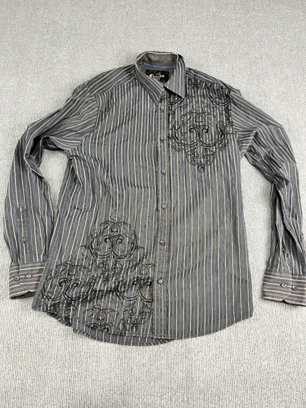 Cultura Mens Striped Button-Down Shirt Black Embroidery Long Sleeve L